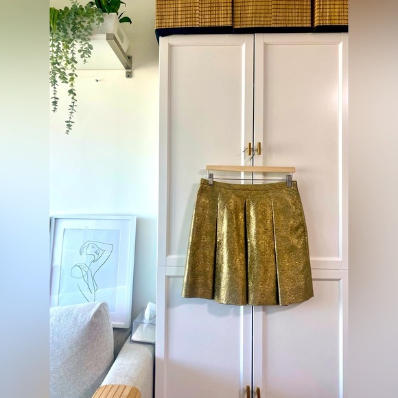High Waisted Gold Metallic with Floral Print Brocade Pleated Skirt - Picture 1 of 7